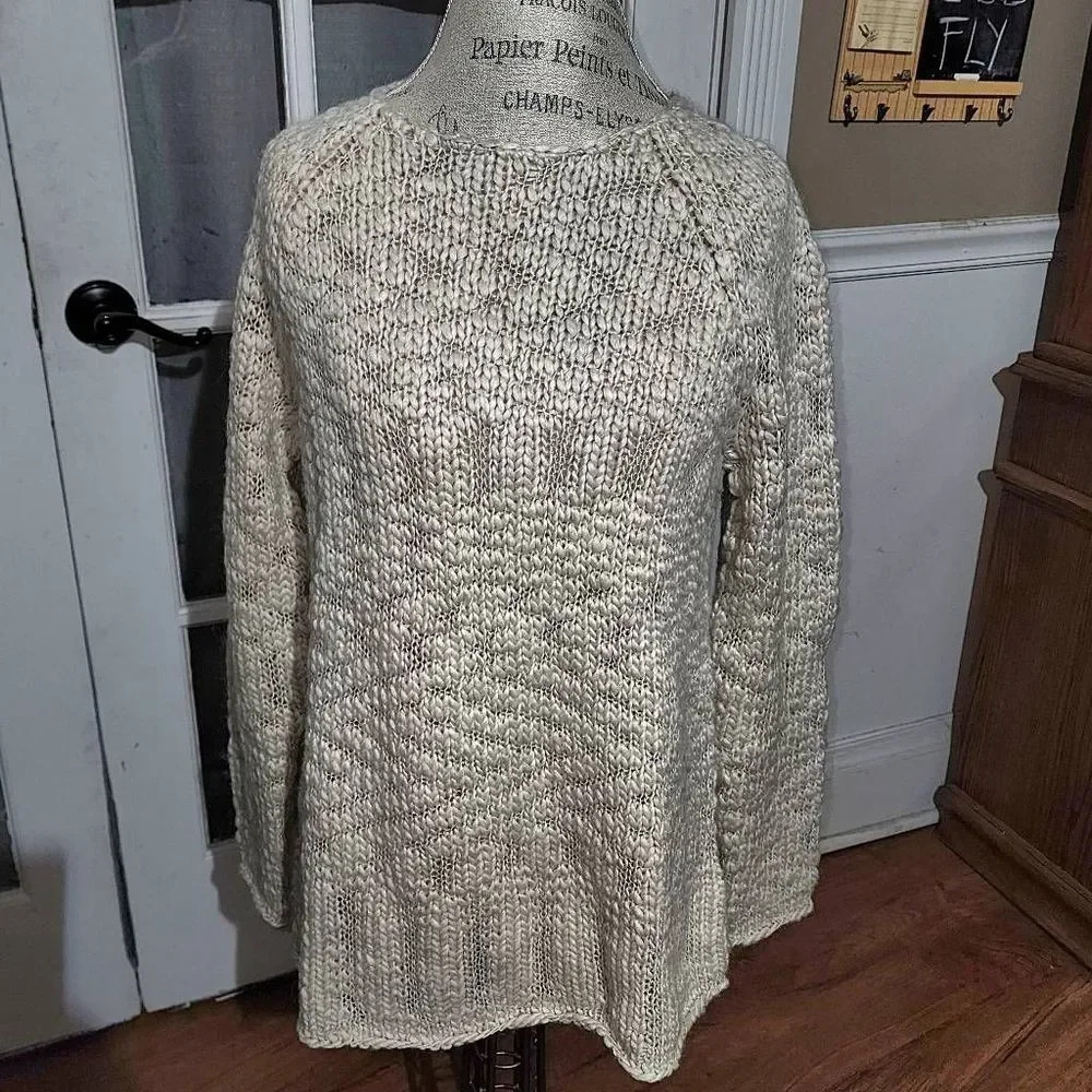 NWT J Jill Womens Cream Tan‎ Wool Alpaca Unique Knit Sweater Medium New